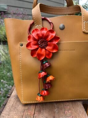 Orange Autumn Flower Purse Charm Genuine Leather Beautiful Orange Bag Charm